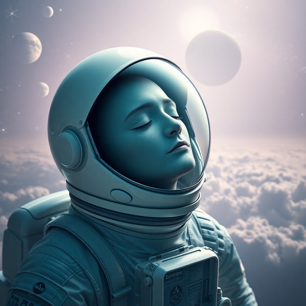 AI generated art for prompt: A surreal digital artwork depicts an astronaut in a polished white spacesuit, their helmet lifted to