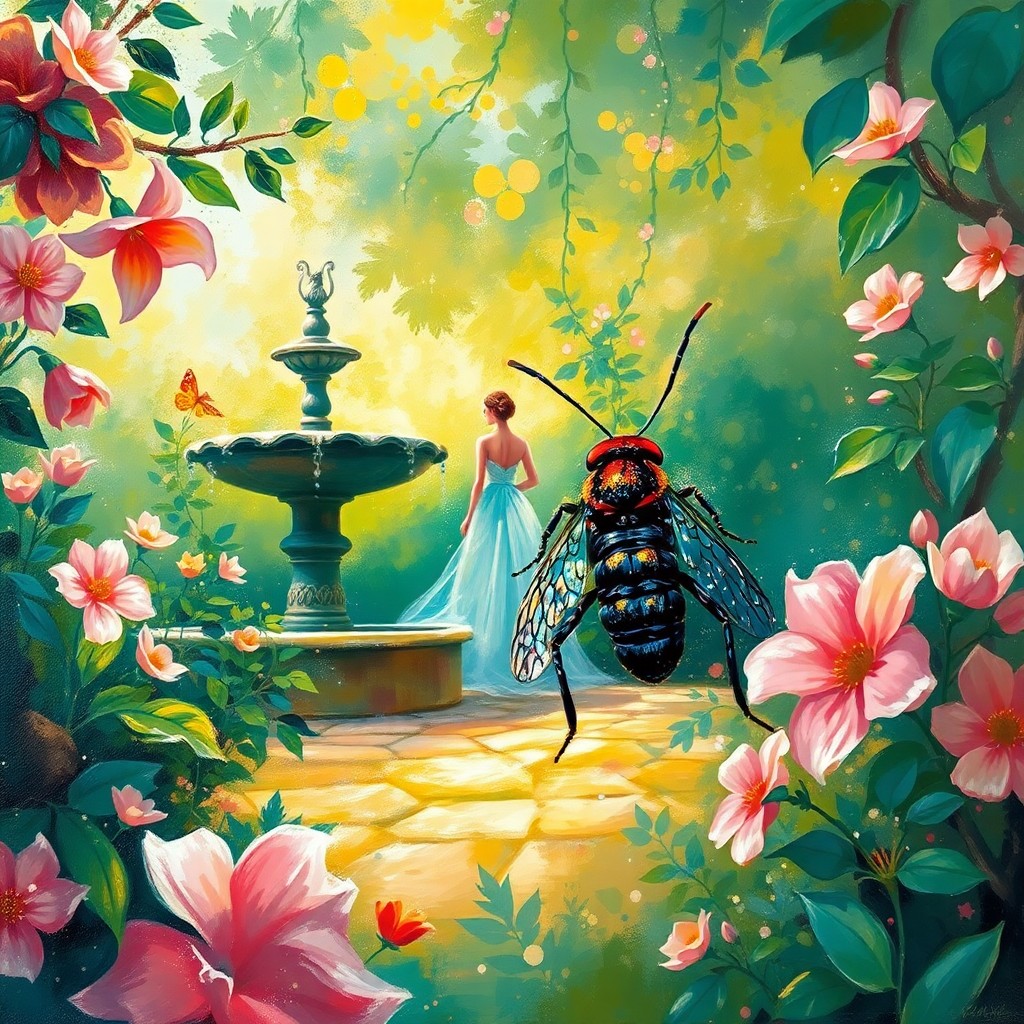 AI generated art for prompt: An enchanting impressionistic oil painting captures the whimsical perspective of an insect as it tra