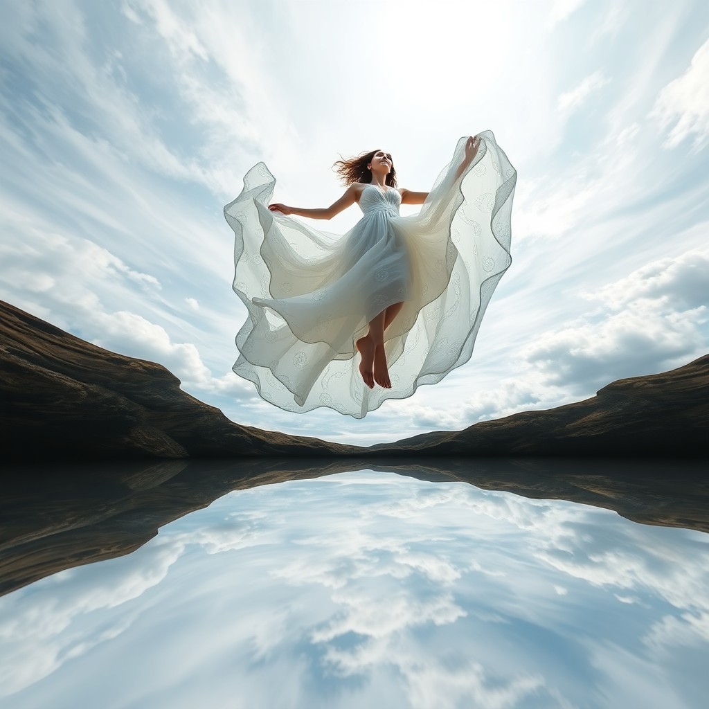 AI generated art for prompt: A surreal digital artwork captures a woman floating gracefully in mid-air, her flowing white gown ad