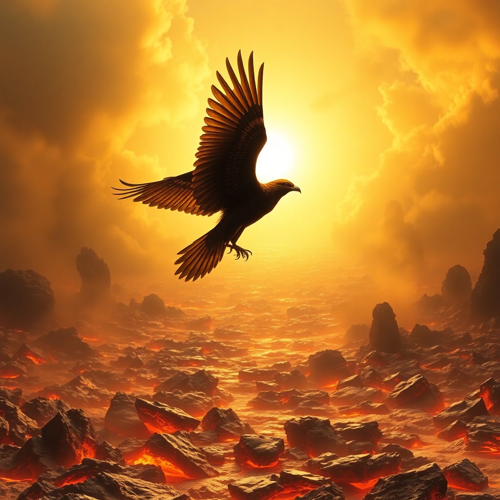 AI generated art for prompt: Envision a surreal vista where an opulent avian soars upwards from a tumultuous sea of molten gold, 