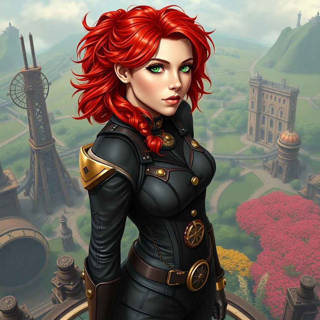 AI generated art for prompt: A portrait of an assertive young woman with vibrant red hair and striking green eyes, this steampunk