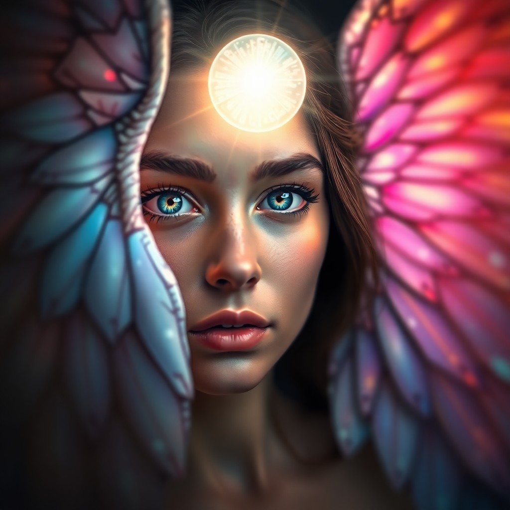 AI generated art for prompt: A mesmerizing hyperrealistic portrait of a young woman with captivating iridescent wings, showcasing