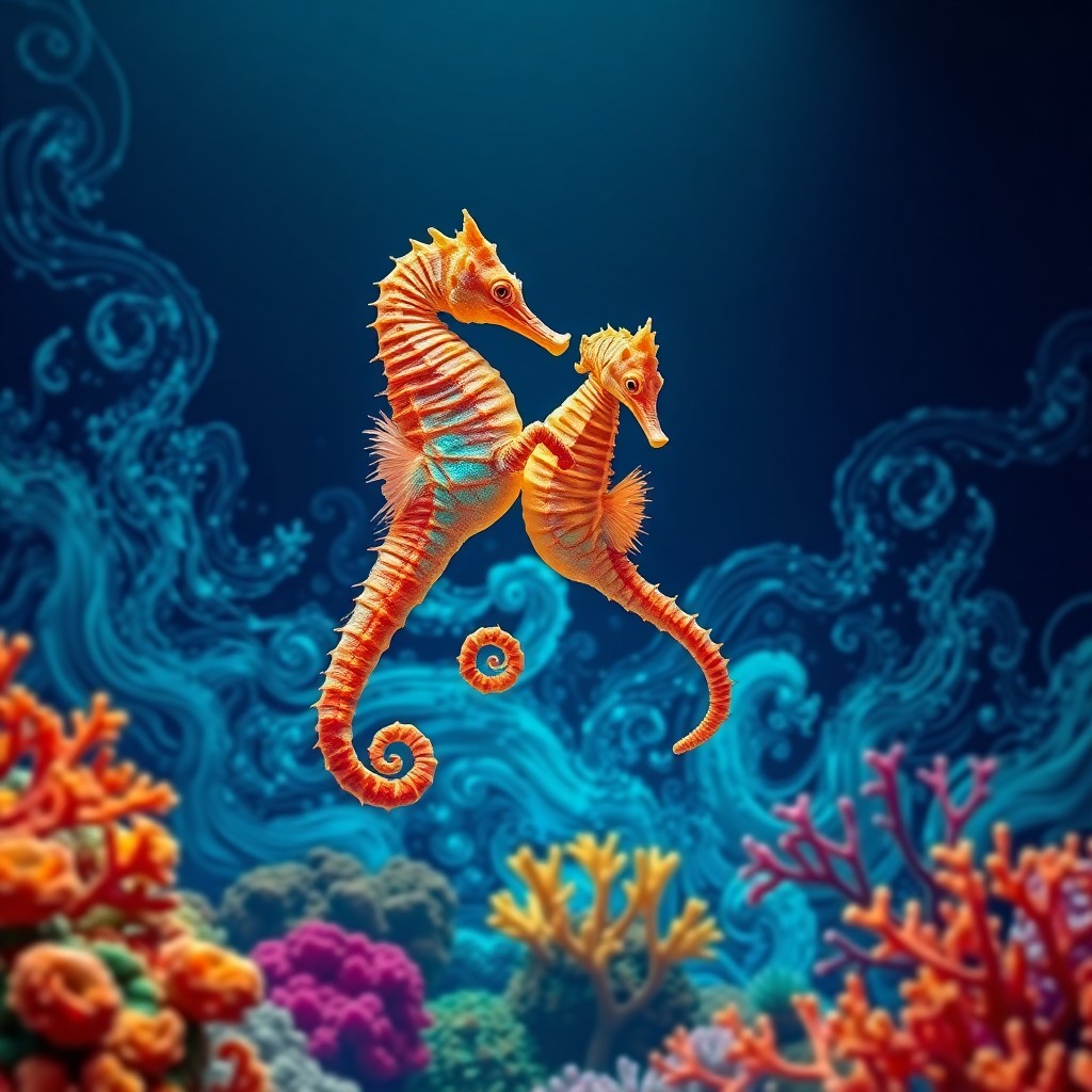 AI generated art for prompt: An awe-inspiring digital artwork depicts an underwater ballet performed by graceful seahorses amidst