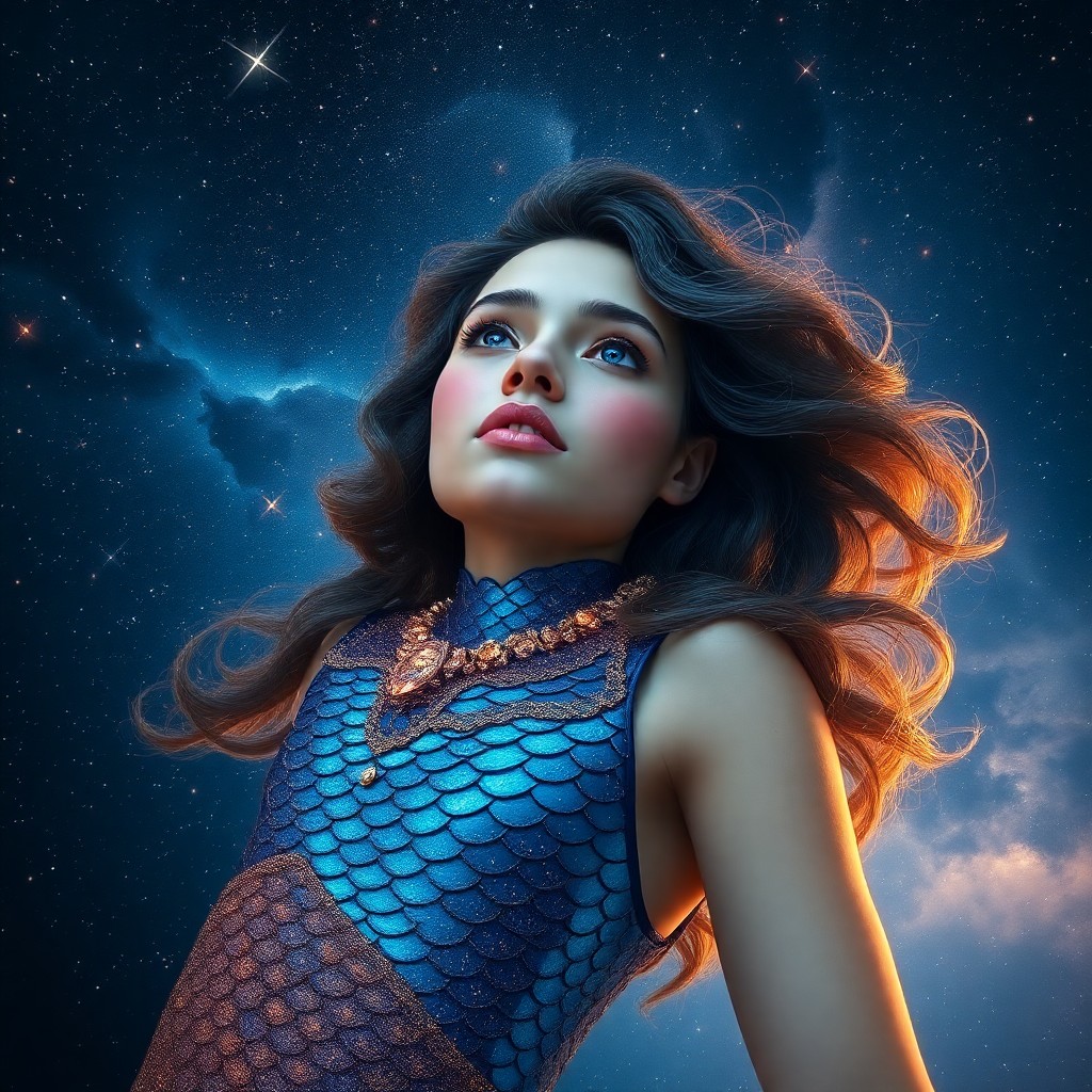 AI generated art for prompt: A digital art portrait captures an ethereal celestial mermaid against a nebula-streaked starry sky, 