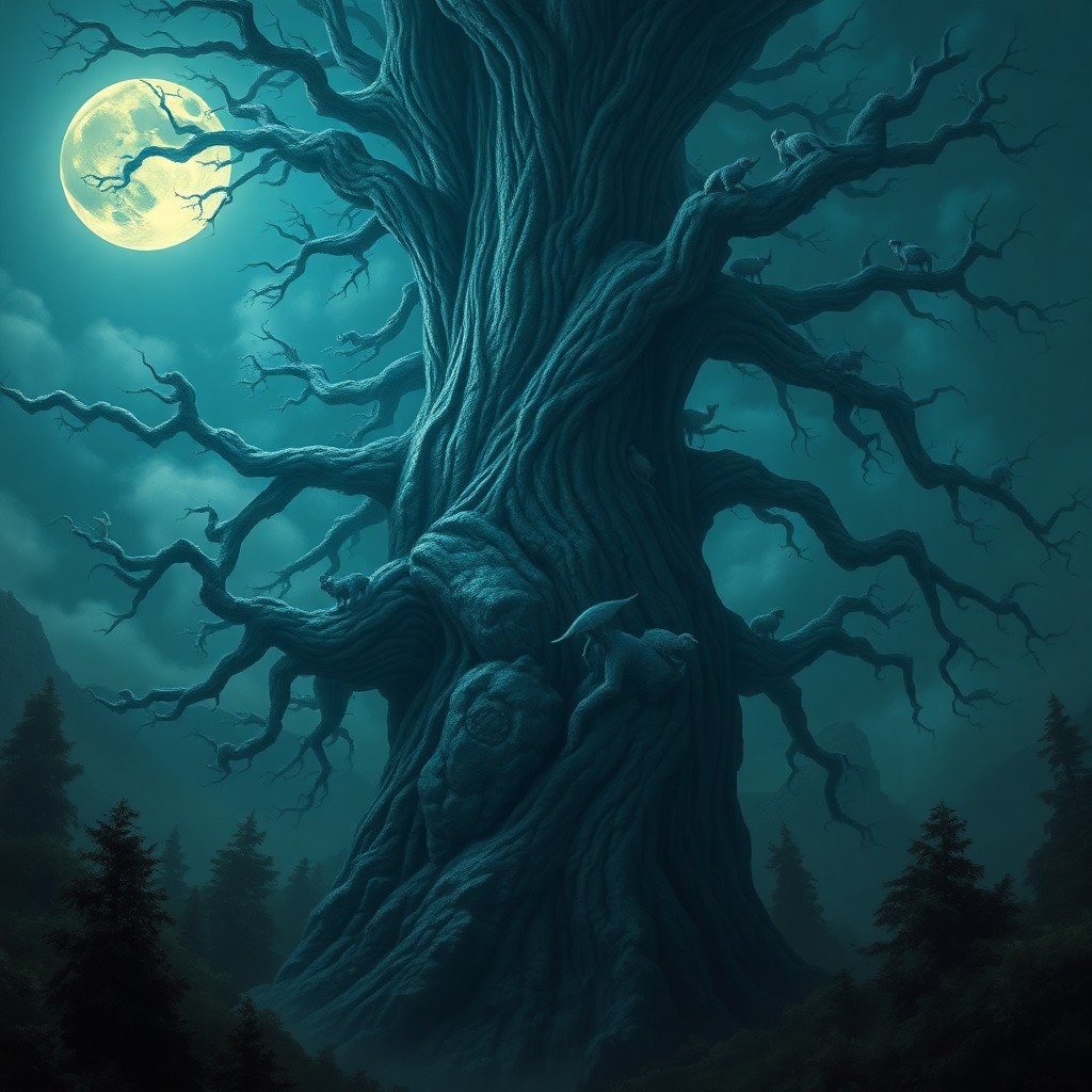 AI generated art for prompt: An evocative digital oil painting captures a mesmerizing moonlit forest, where an immense stone tree