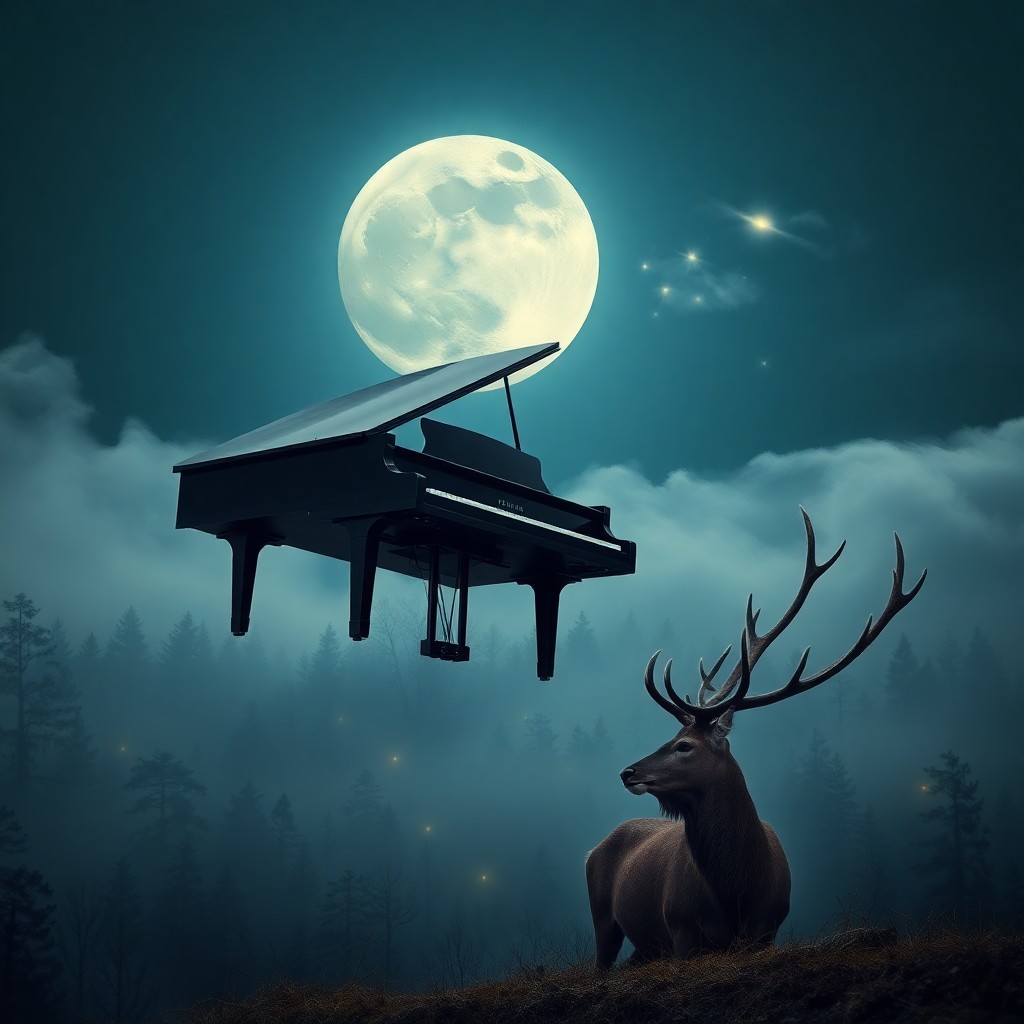 AI generated art for prompt: A surreal image captures a grand piano defying gravity above a mysterious, moonlit forest. The piano