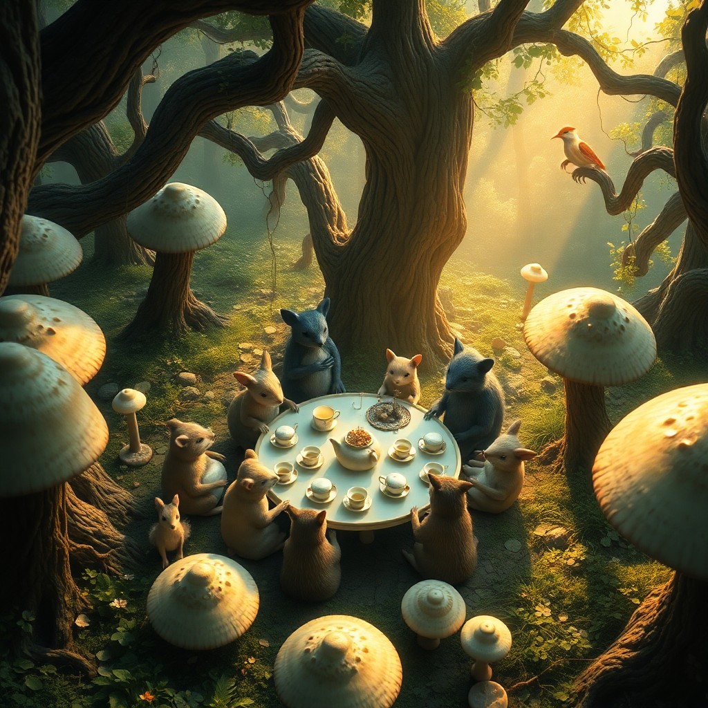 AI generated art for prompt: A surreal digital artwork depicts an enchanting tea party hidden within a mystical forest. This pecu