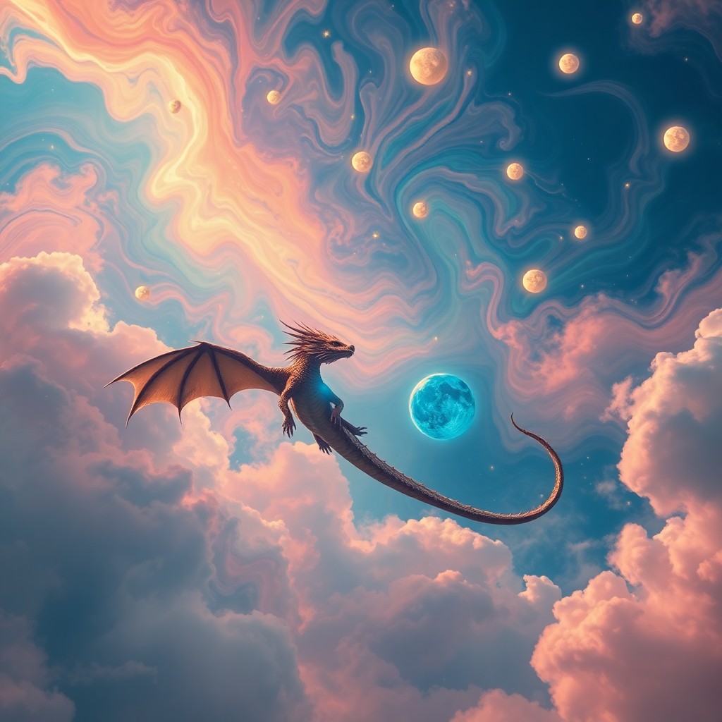 AI generated art for prompt: Craft an image showcasing a fantastical dreamscape where a grand dragon glides through a sky adorned