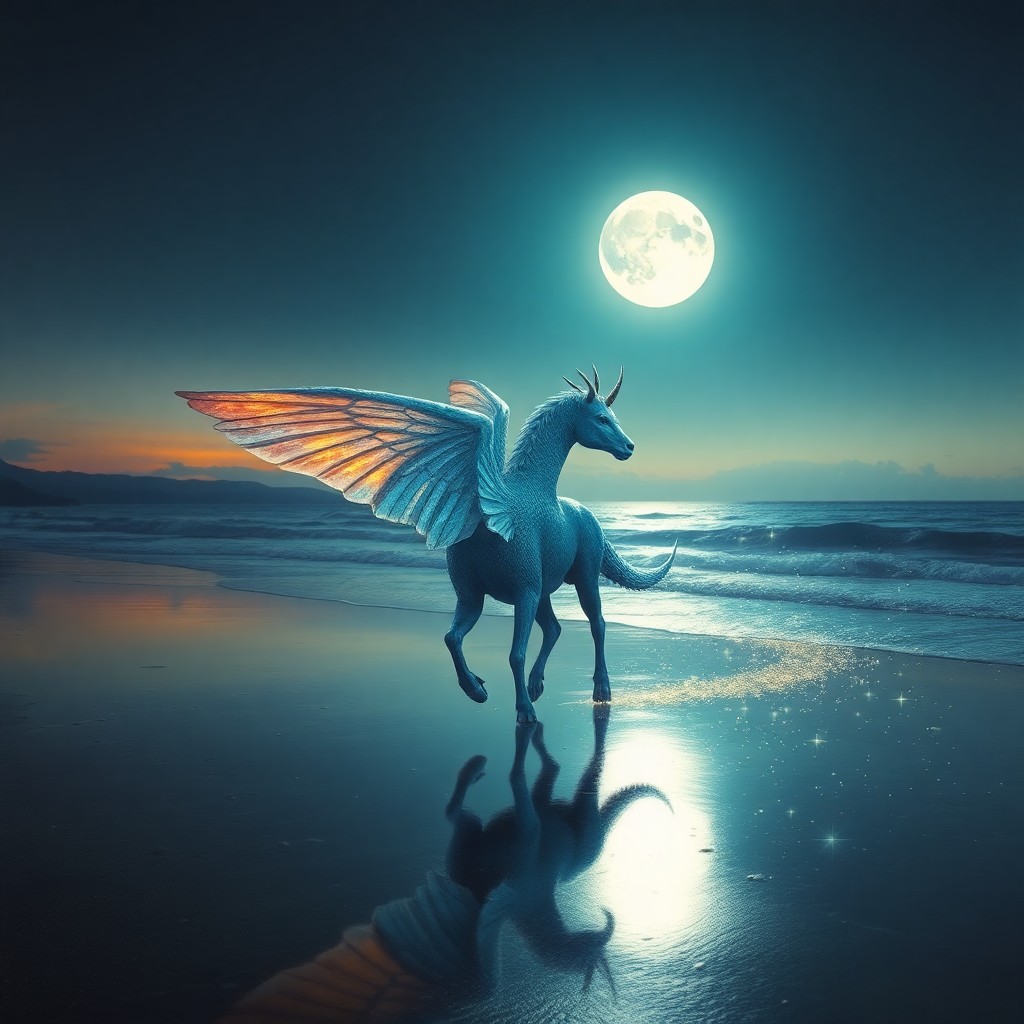 AI generated art for prompt: A mesmerizing digital artwork captures a moonlit beach at twilight, showcasing an enchanting blend o