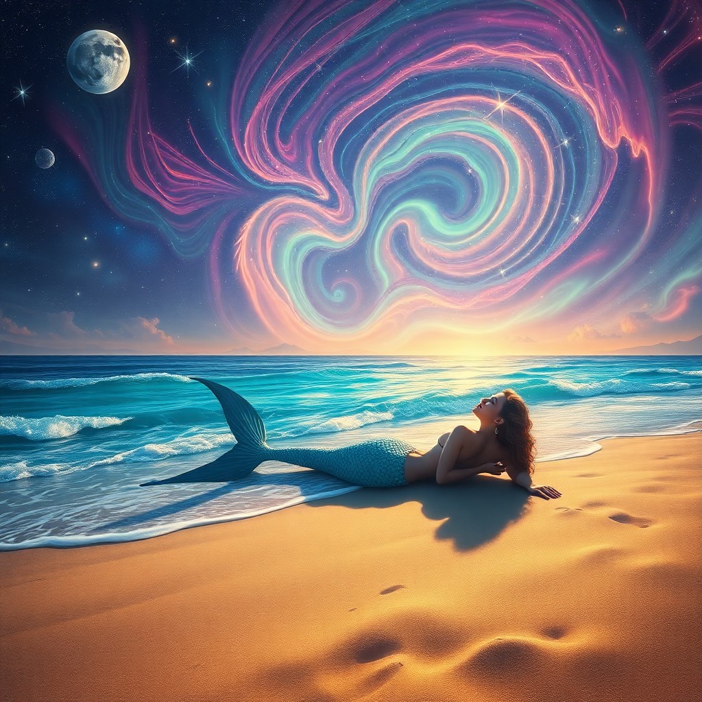 AI generated art for prompt: A mesmerizing image depicting an enchanting mermaid relaxing on a sandy shore under a swirling, kale