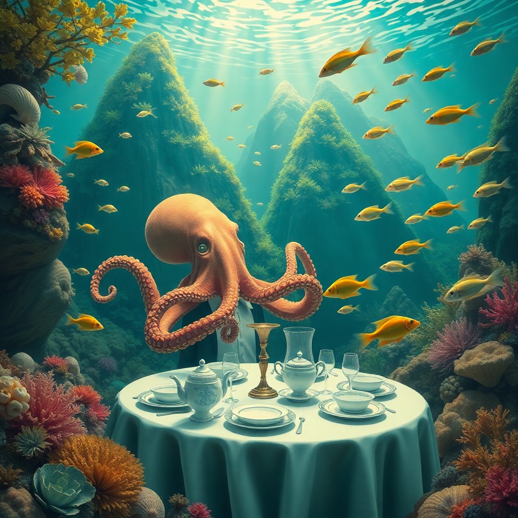 AI generated art for prompt: Conjure an image in the spirit of surrealism where sea creatures gather for a whimsical feast beneat