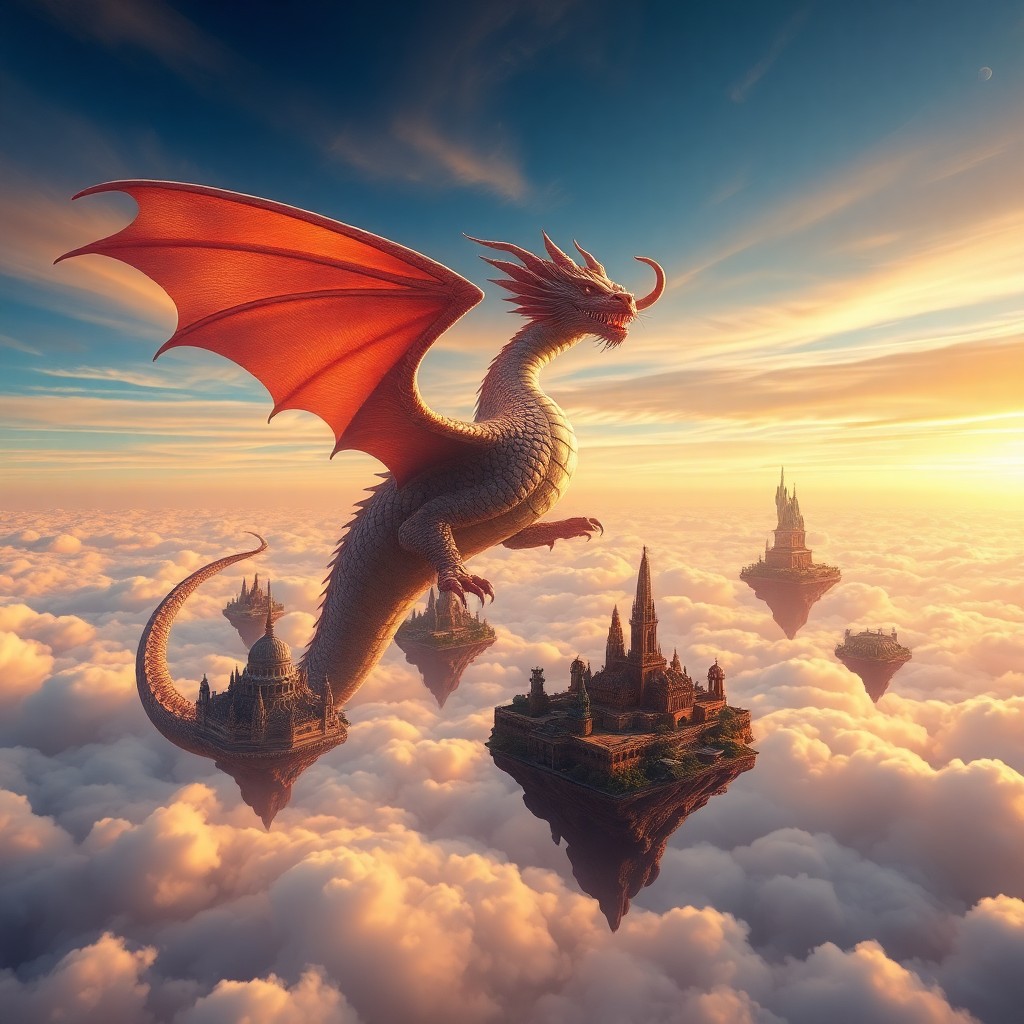 AI generated art for prompt: Visualize an enigmatic dreamscape where a mythical dragon gracefully glides through a mesmerizing sk