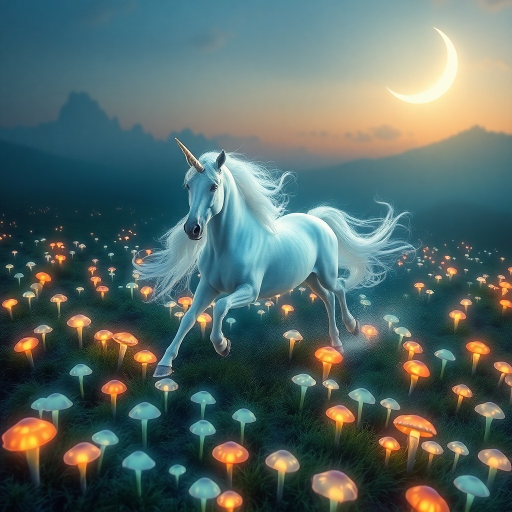 AI generated art for prompt: A dreamlike digital art composition showcasing an awe-inspiring unicorn gracefully galloping across 