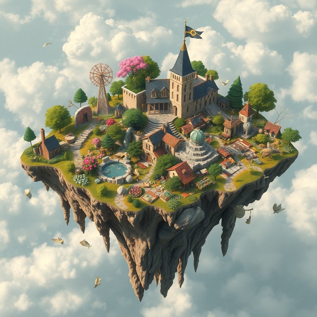 AI generated art for prompt: An aerial panorama captures an island suspended in a whimsical dreamscape, teeming with a surreal bl