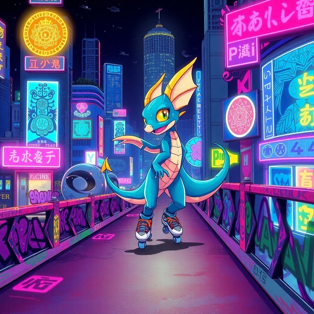 AI generated art for prompt: A whimsical digital artwork fuses together vibrant anime-inspired characters with a futuristic citys