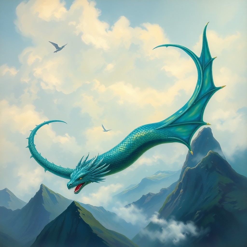 AI generated art for prompt: A resplendent dragon gracefully glides above an ethereal mountain landscape, its scales glistening w