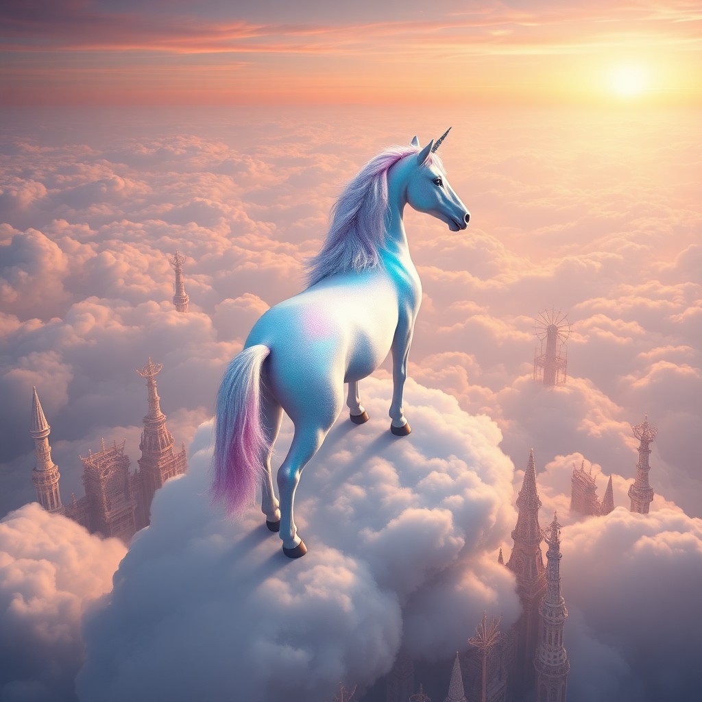 AI generated art for prompt: In this captivating digital artwork, an ethereal unicorn stands majestically atop a cloud-bound stag