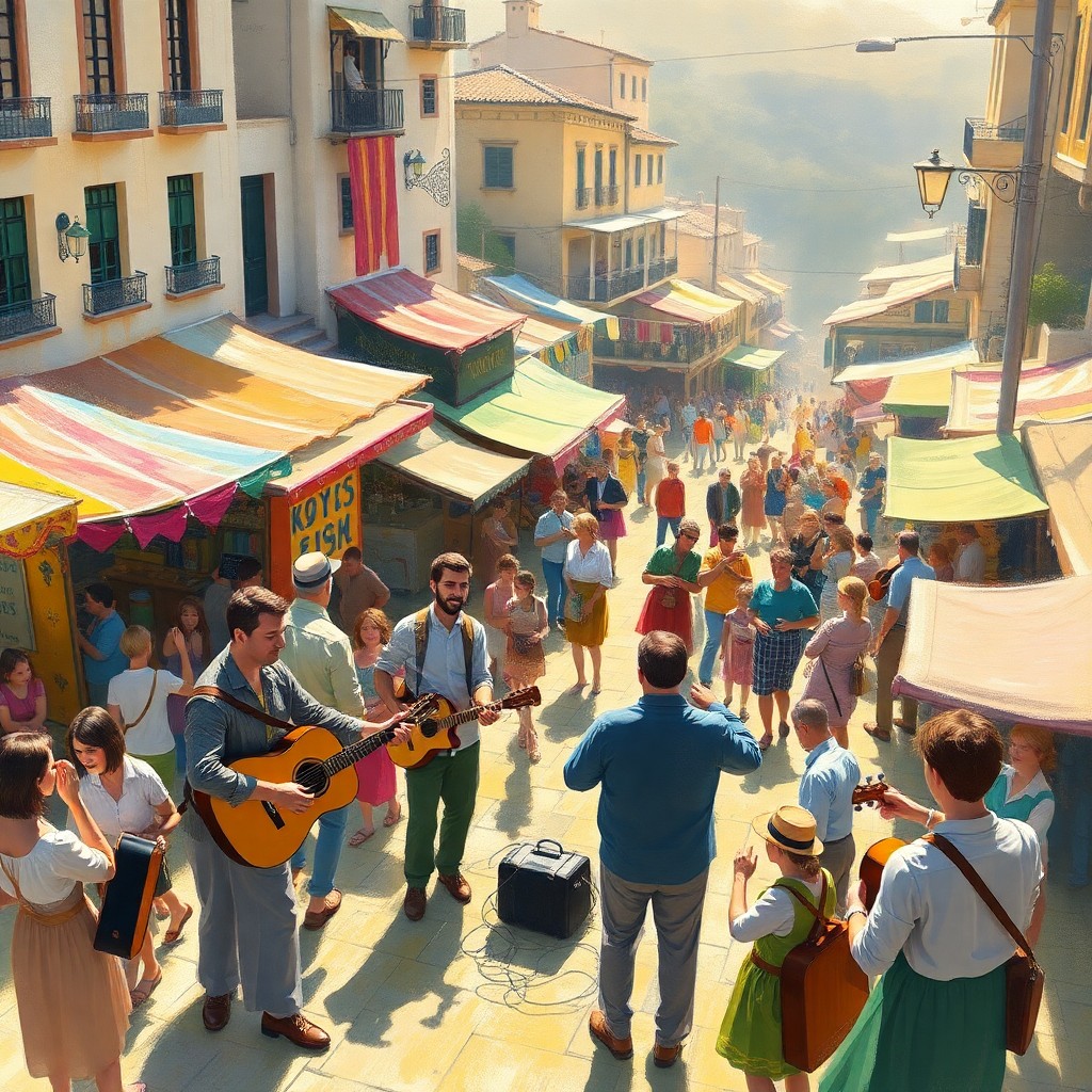 AI generated art for prompt: Create an image in the Impressionist digital art style, illustrating a lively street festival scene 