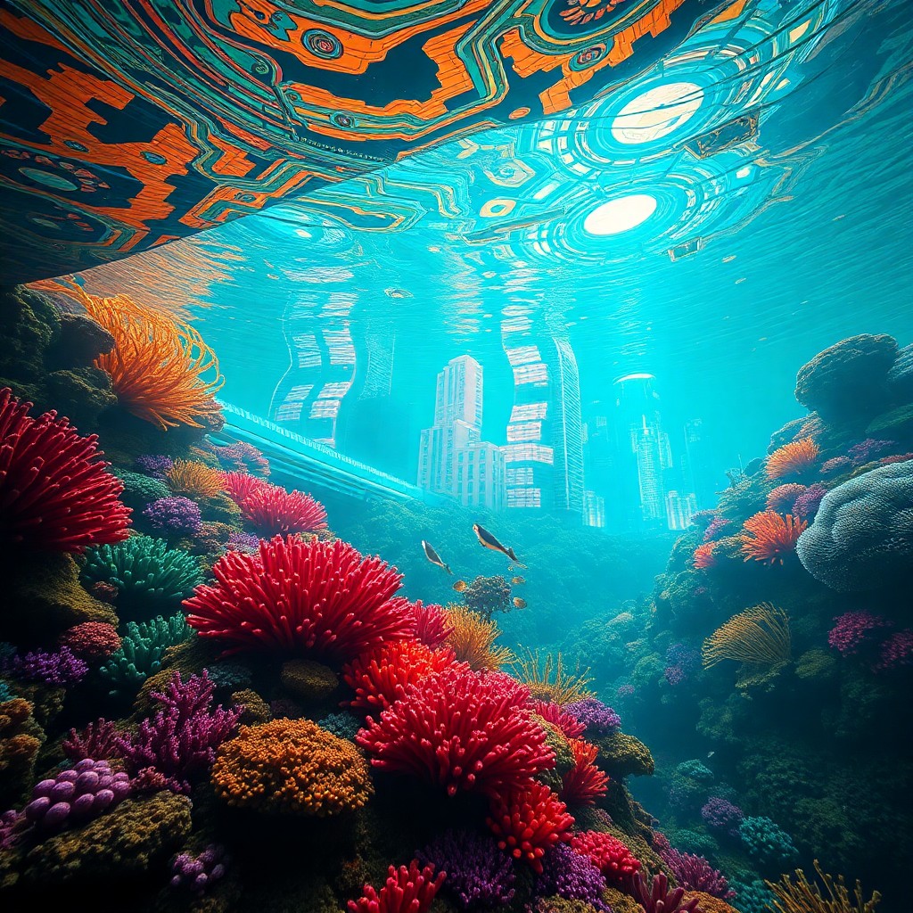 AI generated art for prompt: A surreal digital artwork portraying an underwater scene where vibrant coral reefs coexist with a fu