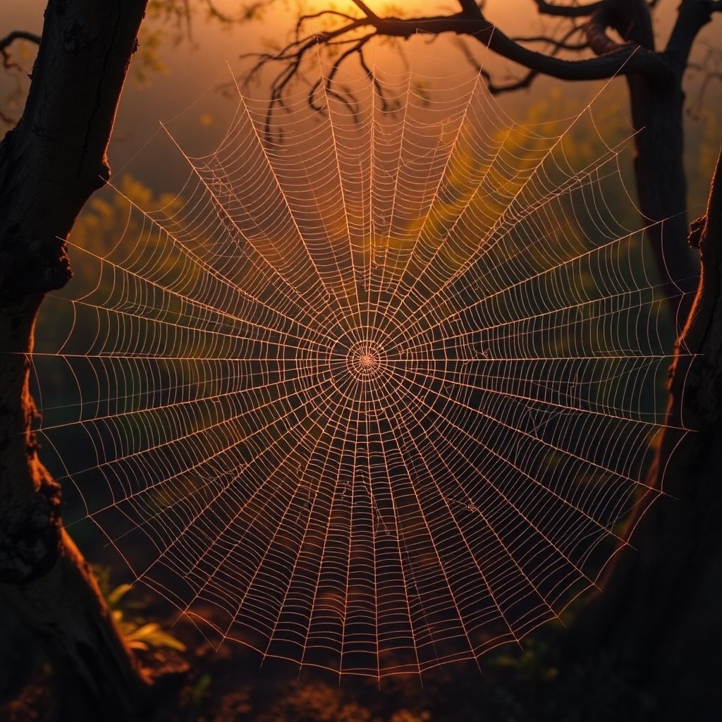 AI generated art for prompt: An expansive aerial view captures the serene beauty of an intricate spider web, reminiscent of Georg