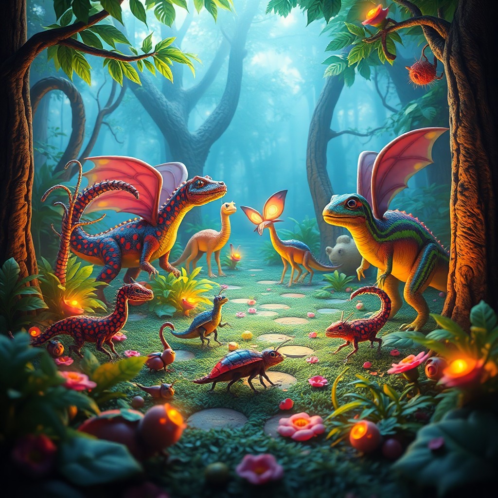 AI generated art for prompt: A captivating digital artwork depicting an enchanting forest floor from a bug's perspective, where m