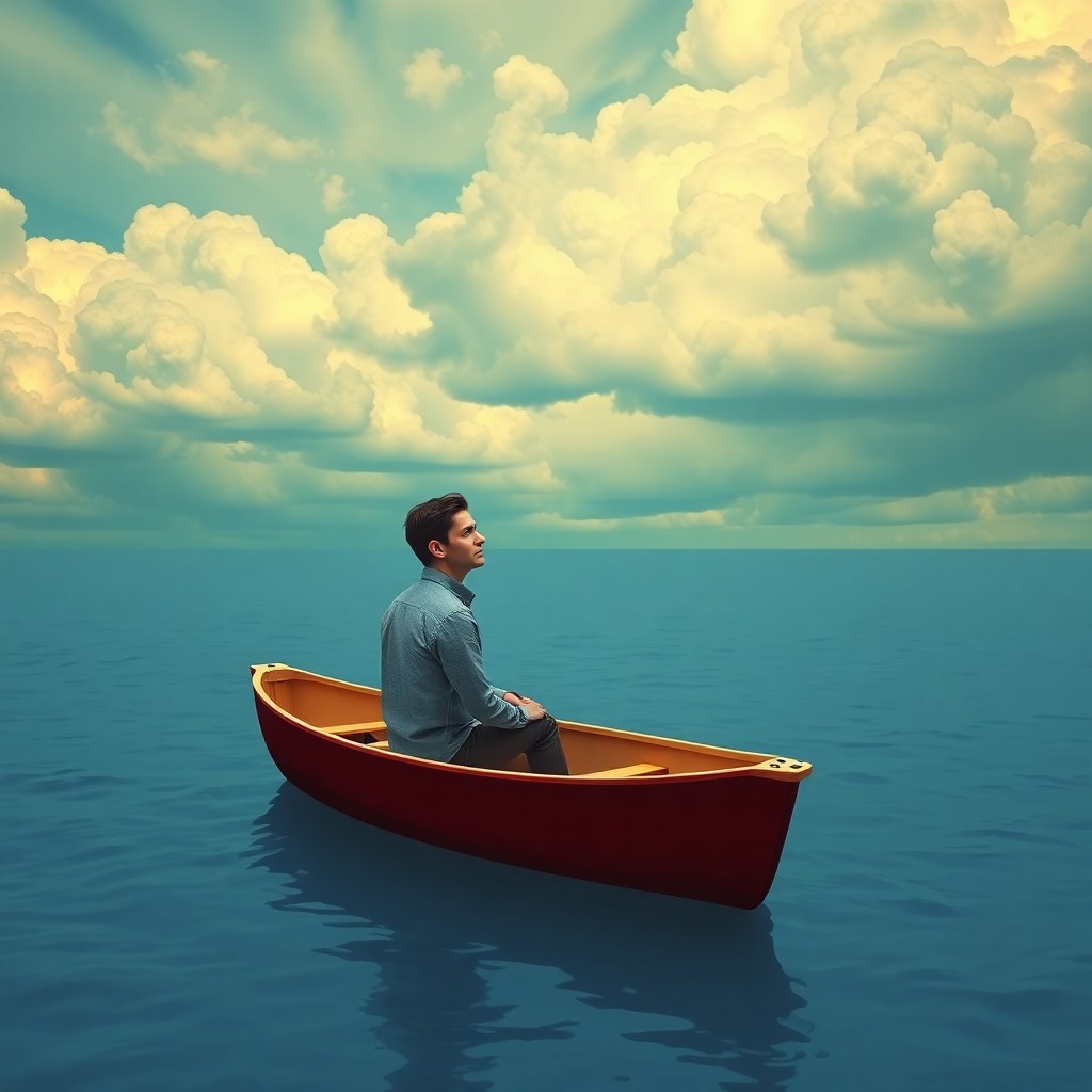 AI generated art for prompt: In the surrealist style reminiscent of Magritte's enigmatic works, a man sits in an open boat floati