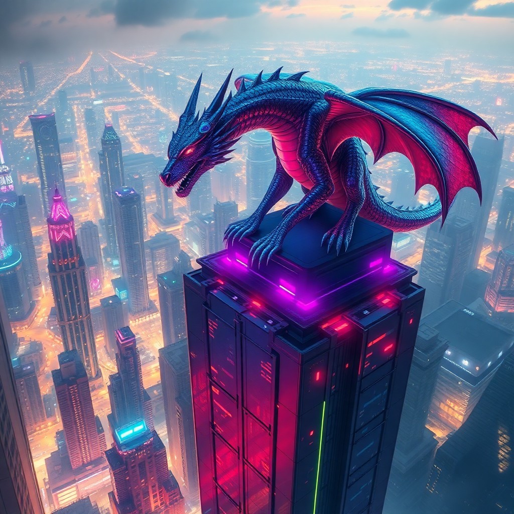 AI generated art for prompt: A majestic dragon rests on top of an immense skyscraper in a bustling cyberpunk metropolis, its scal