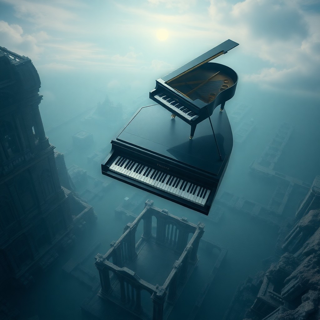 AI generated art for prompt: In this dreamlike tableau, an aerial view unveils a surreal landscape where a grand piano hovers abo