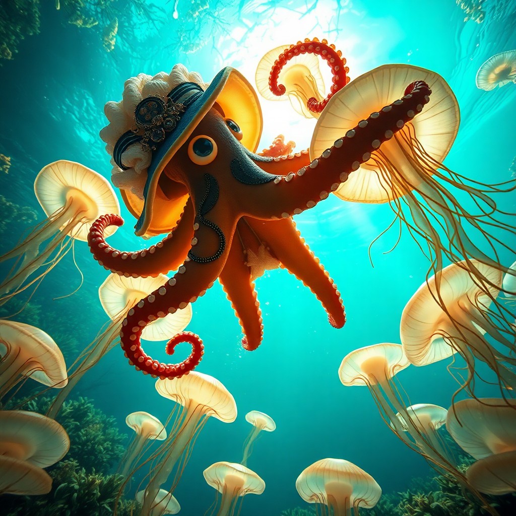 AI generated art for prompt: Dive into an aquatic dreamscape where whimsy collides with the extraordinary. A noble cephalopod, dr