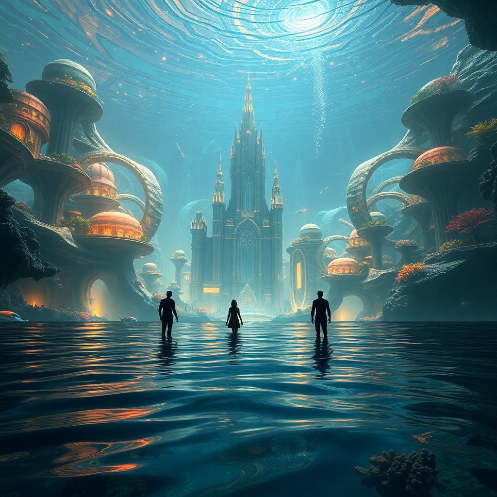 AI generated art for prompt: A vivid digital artwork captures an enchanting underwater city where humans and nature coexist harmo