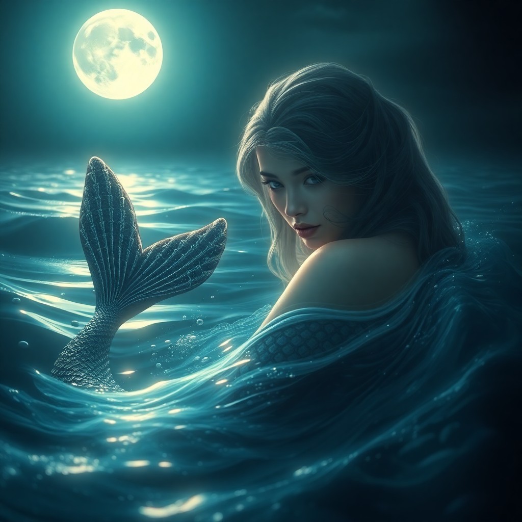 AI generated art for prompt: A mesmerizing digital art portrait of an enigmatic sea nymph, partially enveloped in shimmering wate