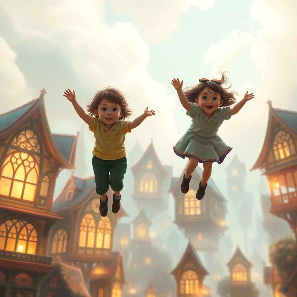 AI generated art for prompt: A surreal digital artwork depicting an enchanting scene where children levitate above a quaint, drea