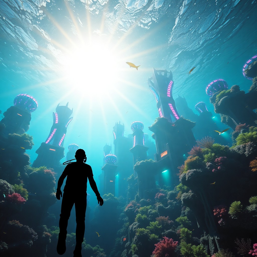 AI generated art for prompt: Craft an elaborate digital artwork showcasing a diver's viewpoint looking upward at a futuristic und