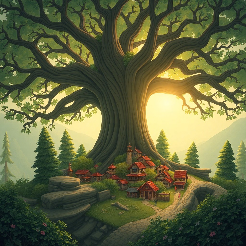 AI generated art for prompt: In a whimsical animation style evoking the magic of enchanted forests, depict a colossal tree embrac