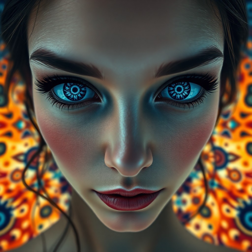 AI generated art for prompt: A captivating digital art portrait depicts a woman with mesmerizing deep blue eyes, her irises adorn