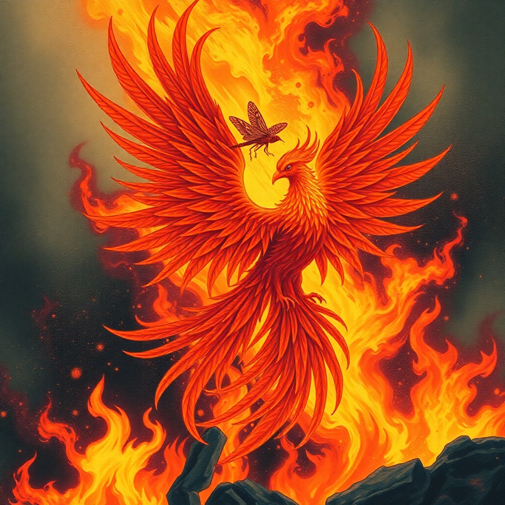 AI generated art for prompt: A mythical phoenix emerges from the flames in an artistic fusion reminiscent of Japanese ukiyo-e woo