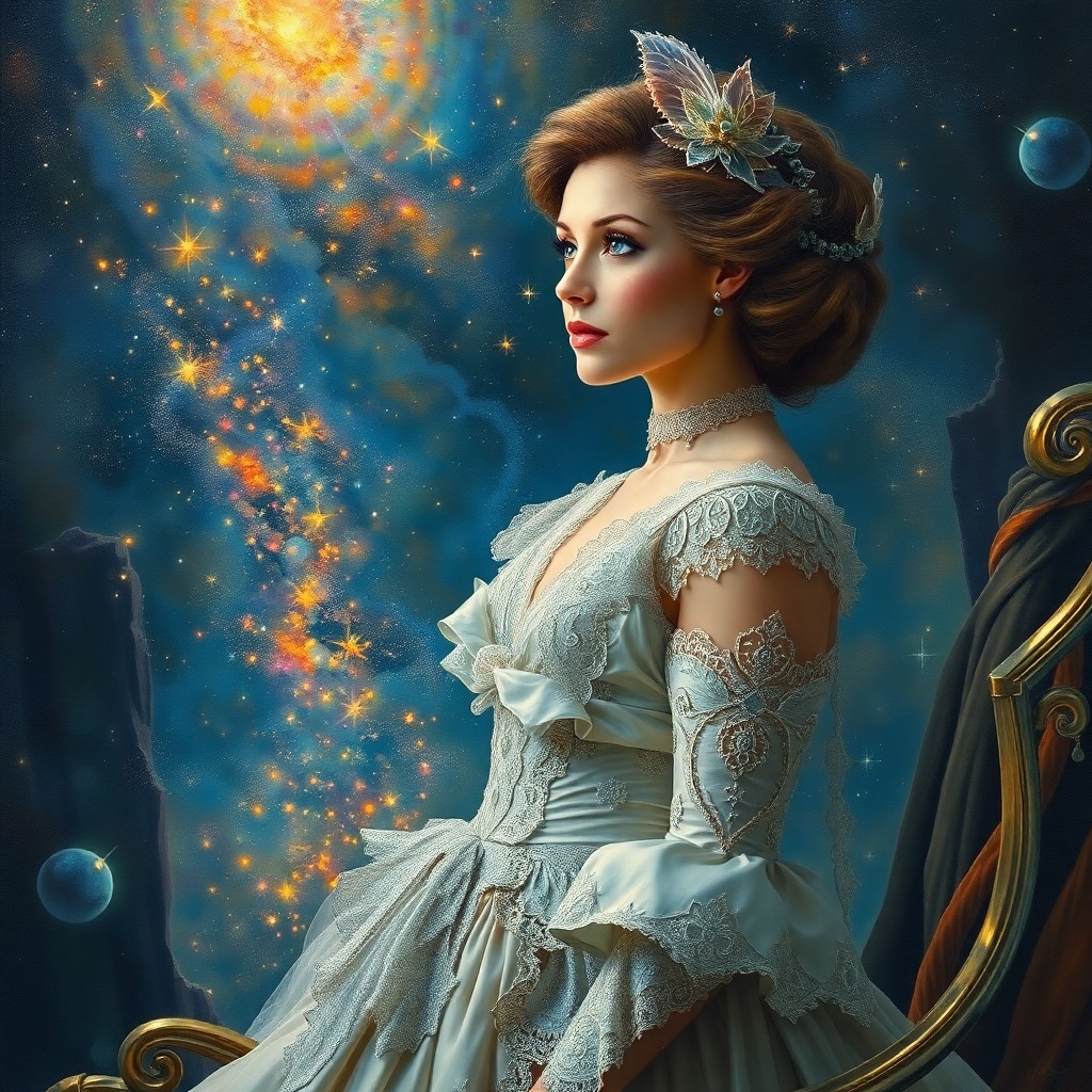 AI generated art for prompt: A mesmerizing oil painting captures an enchanting blend of Victorian sophistication and otherworldly