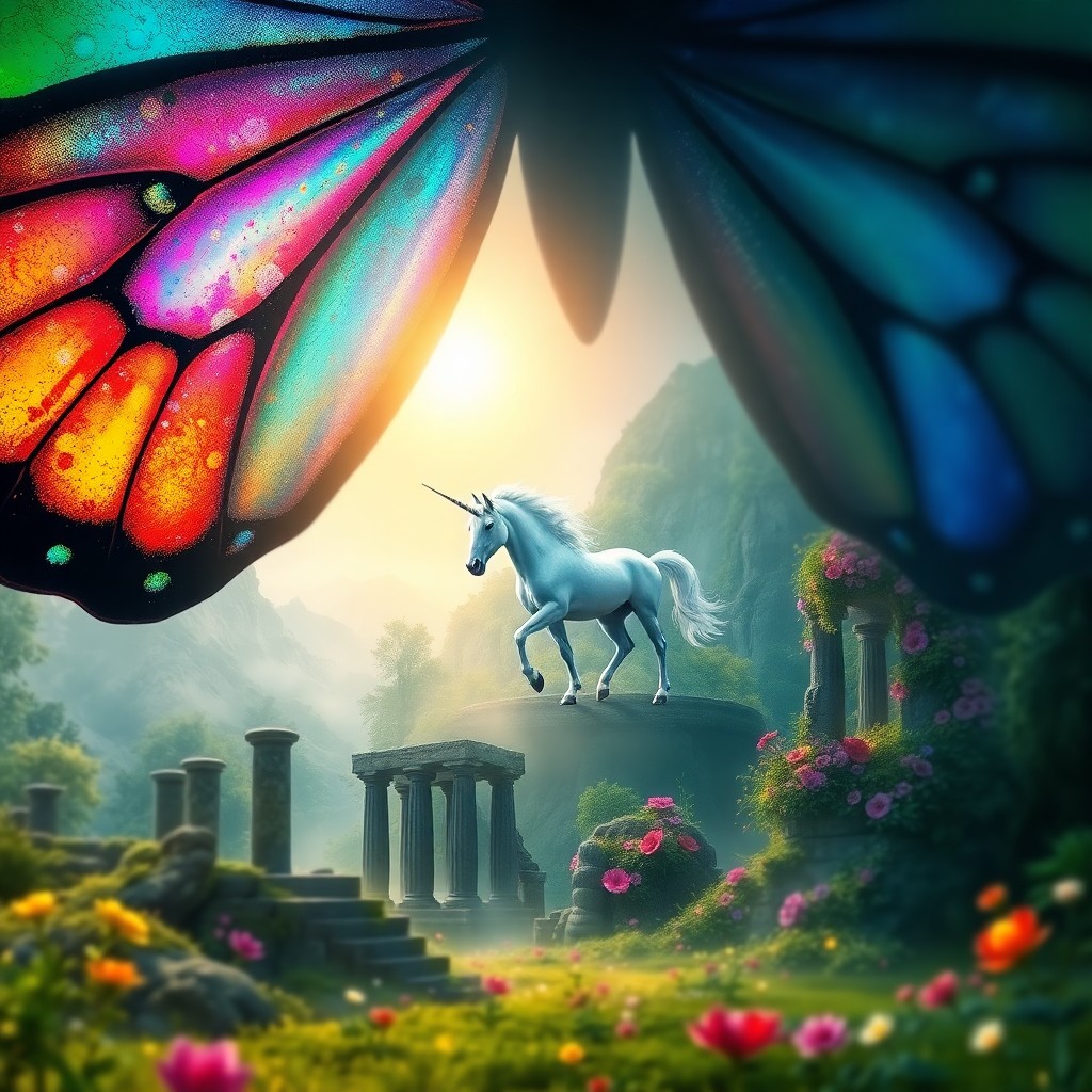 AI generated art for prompt: A mesmerizing digital artwork presents an enchanting view from within a kaleidoscopic butterfly's wi