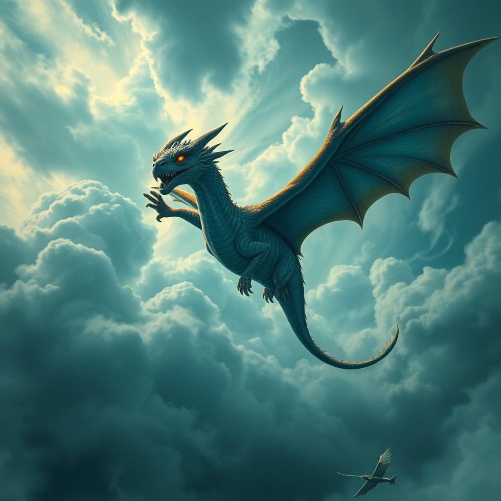 AI generated art for prompt: A majestic dragon with iridescent scales soars through a tempestuous sky, reminiscent of Doré-inspir