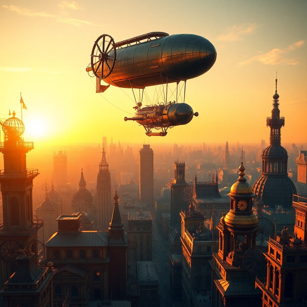 AI generated art for prompt: A captivating digital artwork showcases an energetic steampunk cityscape during golden hour, with gr