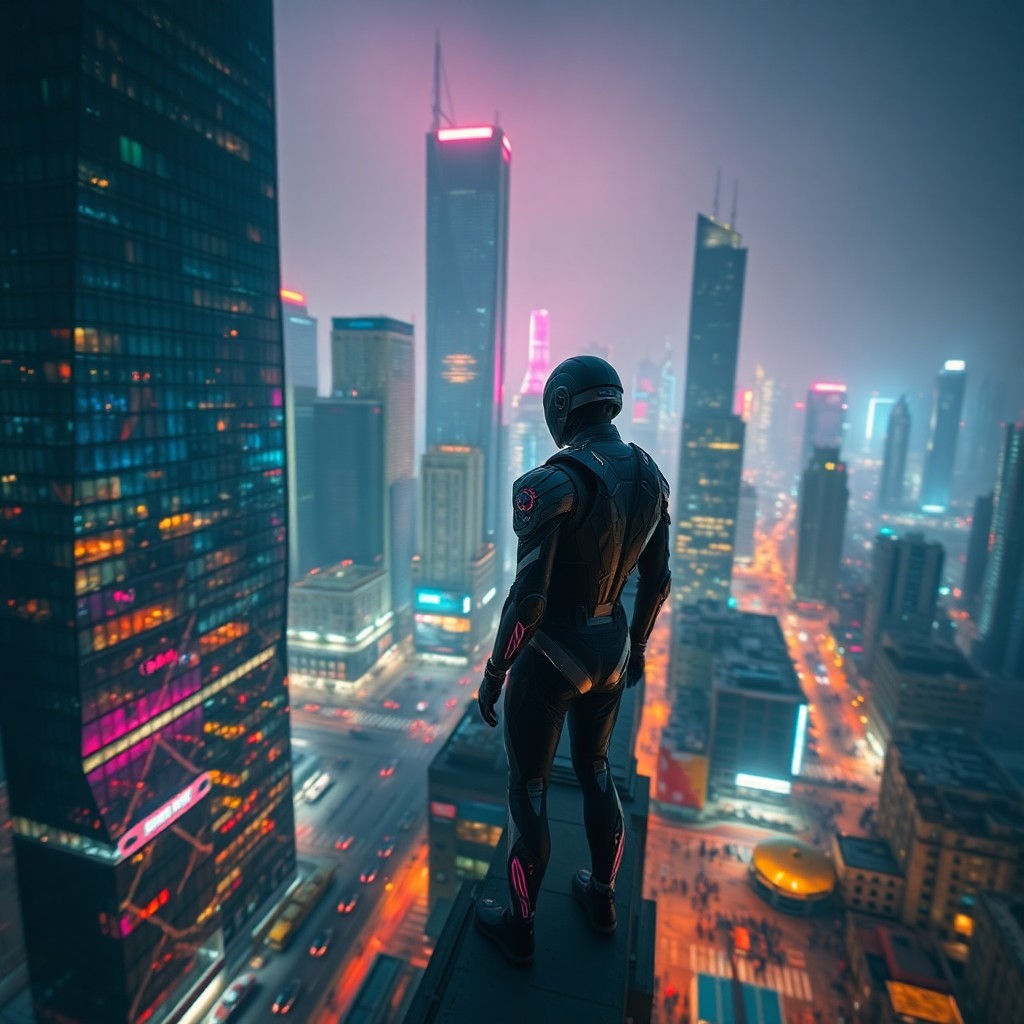 AI generated art for prompt: A futuristic cityscape bathed in neon hues at night, captured through the distorted lens of a flying