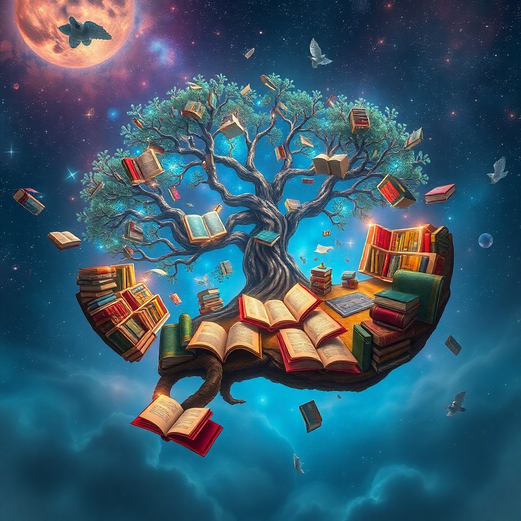 AI generated art for prompt: A mesmerizing digital artwork portrays an enchanting floating library nestled within a celestial lan