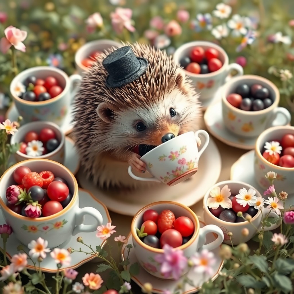 AI generated art for prompt: A digital artwork depicting a charming hedgehog in a whimsical tea party setting, reminiscent of Bea