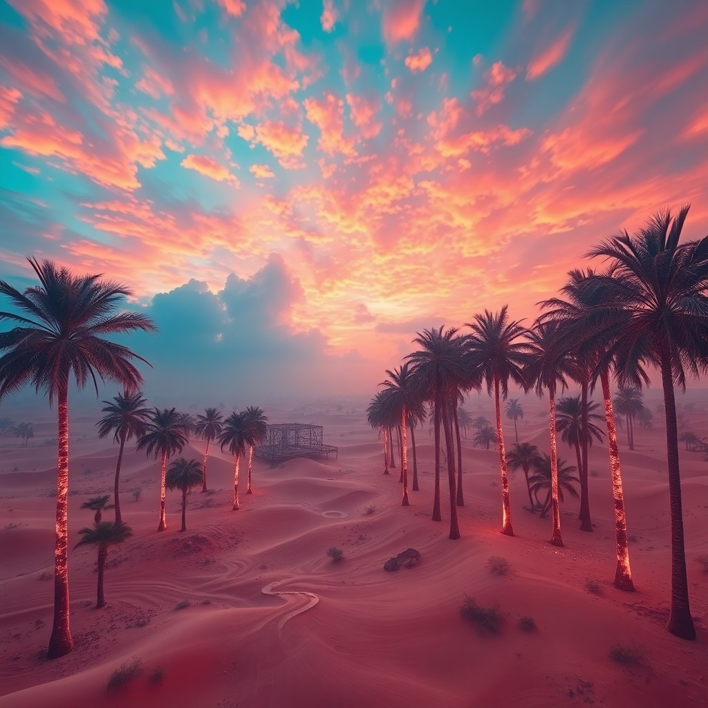 AI generated art for prompt: A captivating digital artwork depicting an expansive desert oasis with shimmering, ethereal palm tre