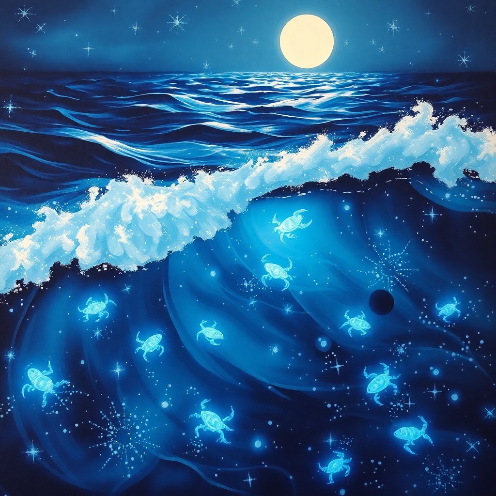 AI generated art for prompt: A dreamlike seascape painting enchants the viewer with an up-close view of moonlit waves, their patt