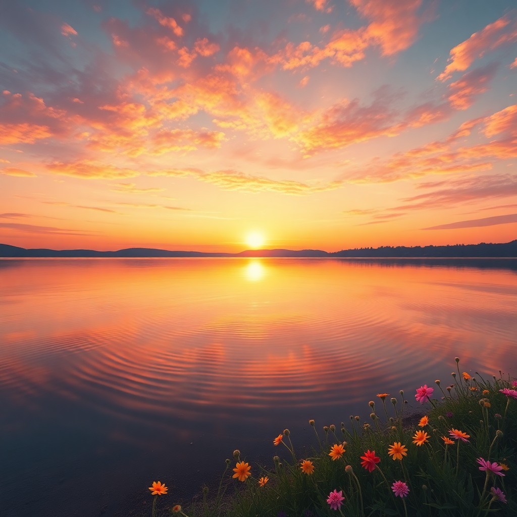 AI generated art for prompt: Envision a tranquil sunset over a serene lake, evoking an enchanting atmosphere reminiscent of dream