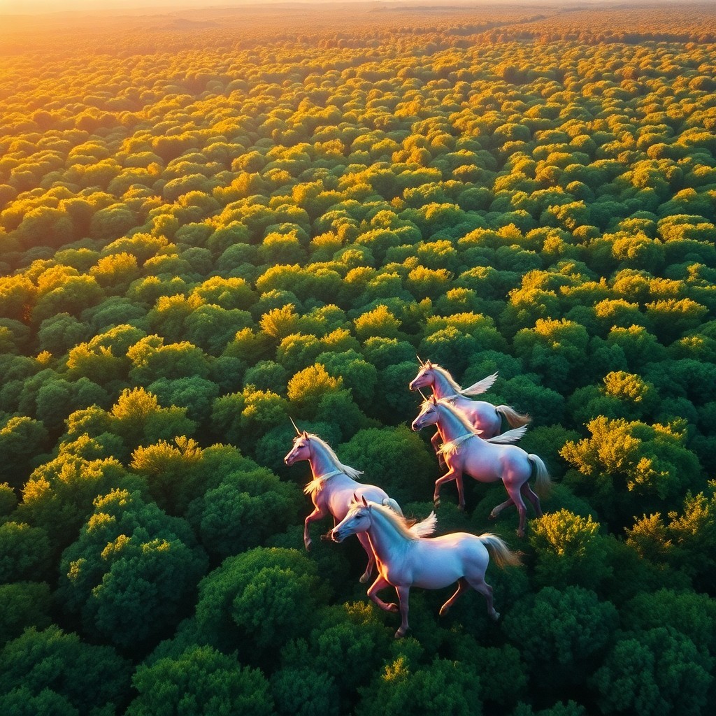 AI generated art for prompt: Envision an aerial perspective over a sprawling emerald forest bathed in the warm hues of sunset lig