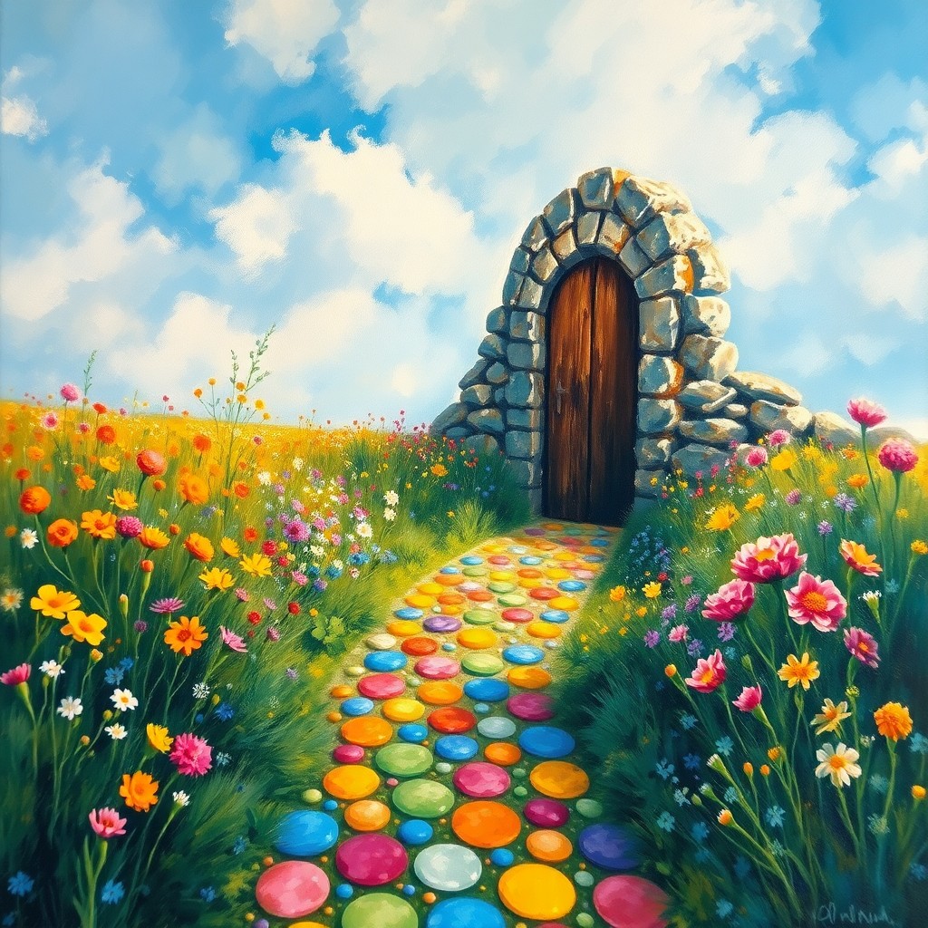 AI generated art for prompt: Craft an enchanting oil painting in the style of impressionistic landscapes, depicting a whimsical g