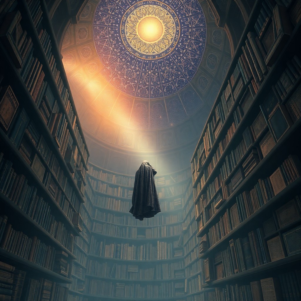 AI generated art for prompt: A mesmerizing digital artwork depicting an enigmatic library filled with towering shelves holding an