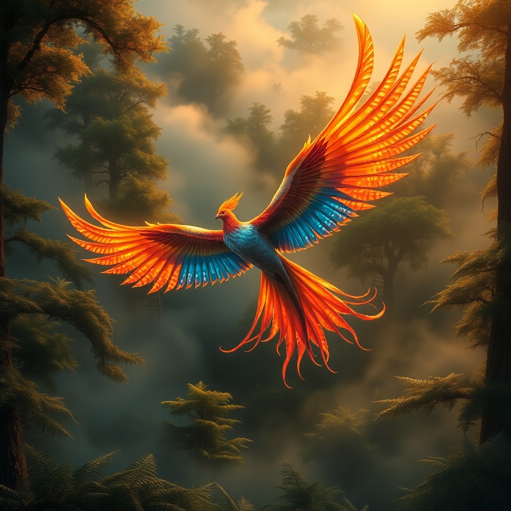 AI generated art for prompt: A majestic phoenix soars from swirling mists in an ancient forest bathed in twilight hues, its iride